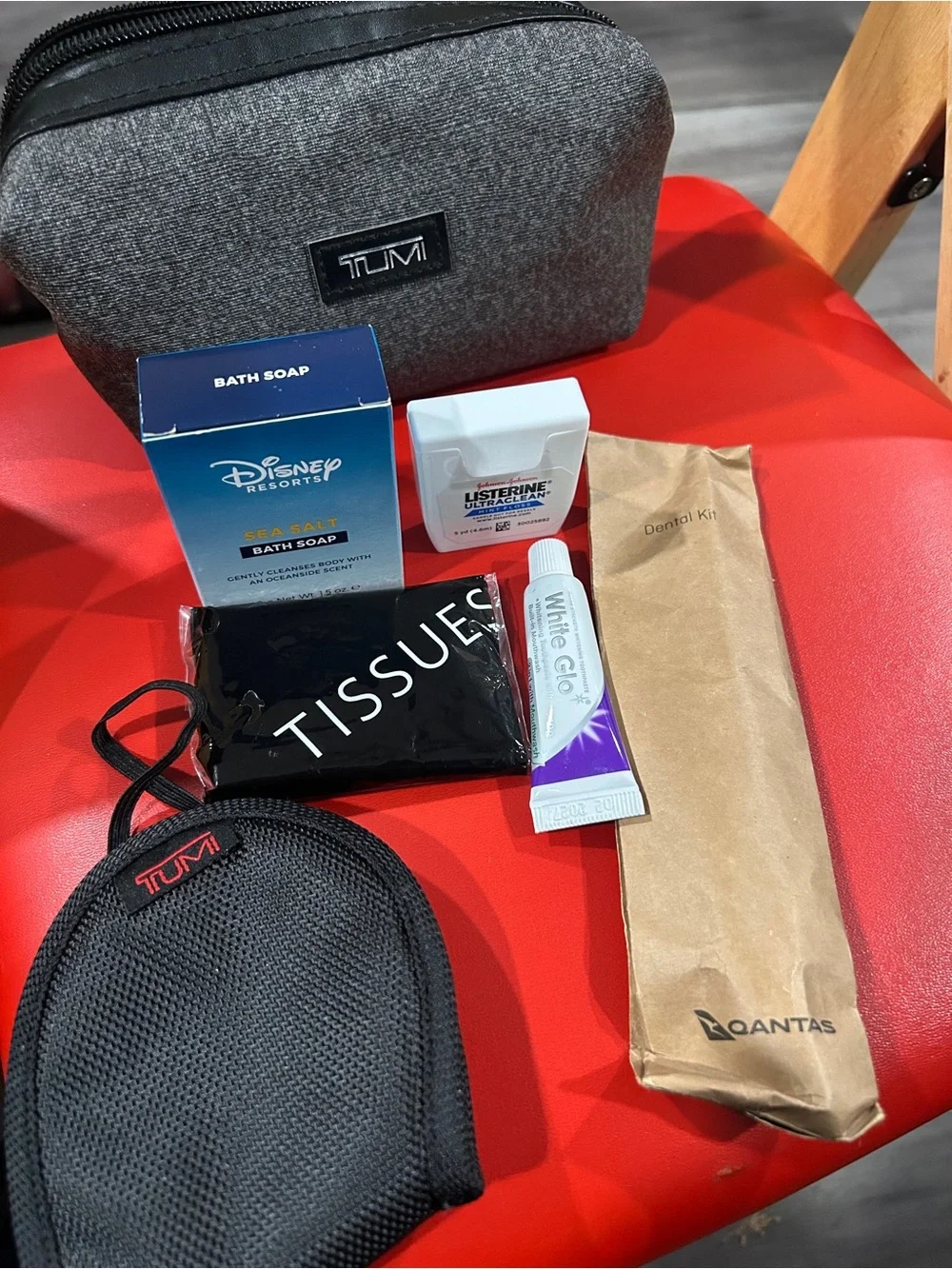 Tumi Gray Textured travel Toiletry Dopp Kit contents sealed